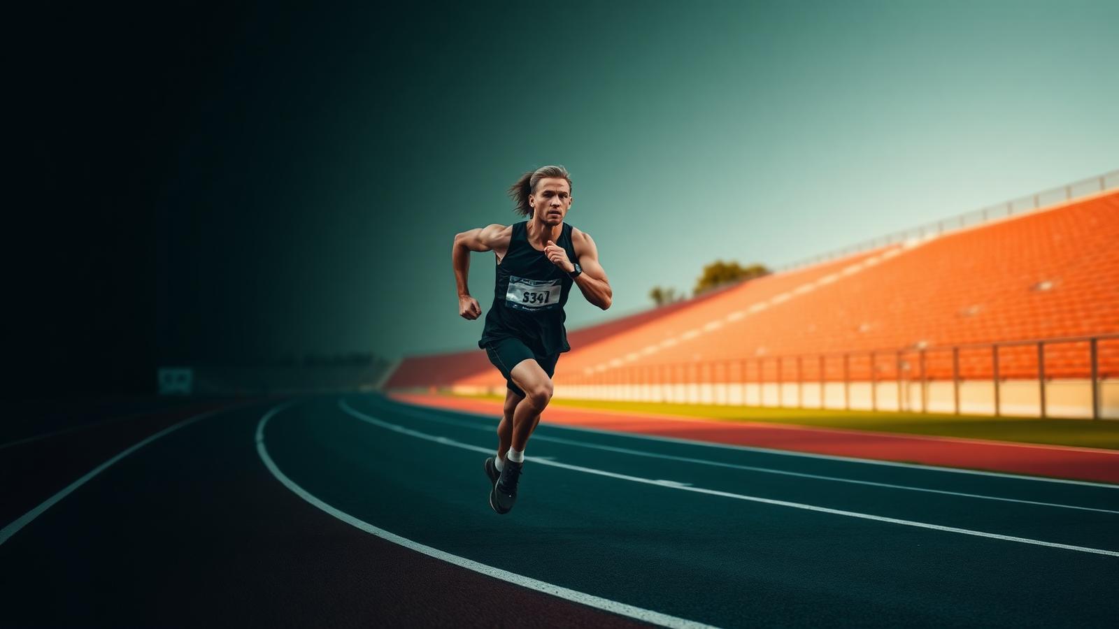 Determined runner sprinting on a track, breath and effort visible