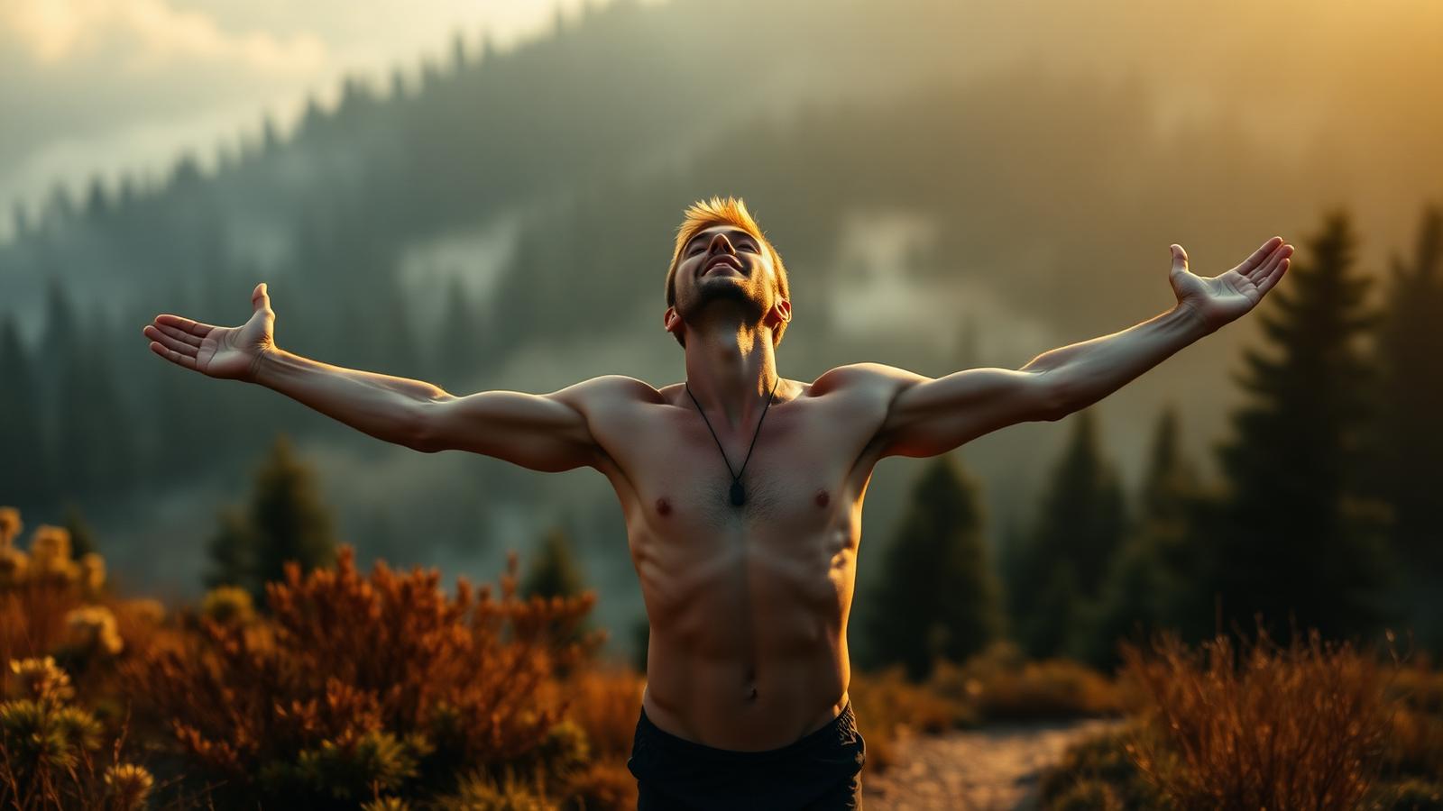 Fit man breathing deeply and freely on a mountain trail at sunrise